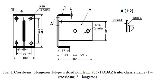 Crossbeam to longeron T-type welded joint from 93571 ODAZ trailer chassis frame (1 – crossbeam; 2 – longeron)